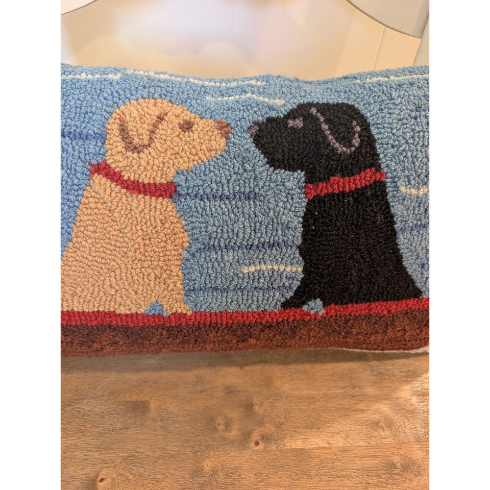 Peking Handicraft Dog Hook Pillow Yellow Black Lab Lake Boat Canoe 11x19 - Picture 2 of 16